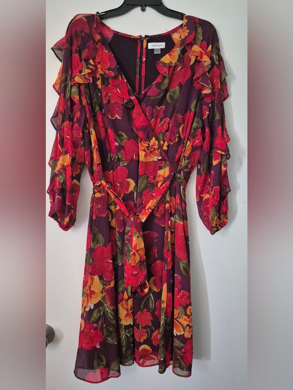 Calvin Klein Burgundy Floral Wrap Midi Dress with Red and Orange Blooms